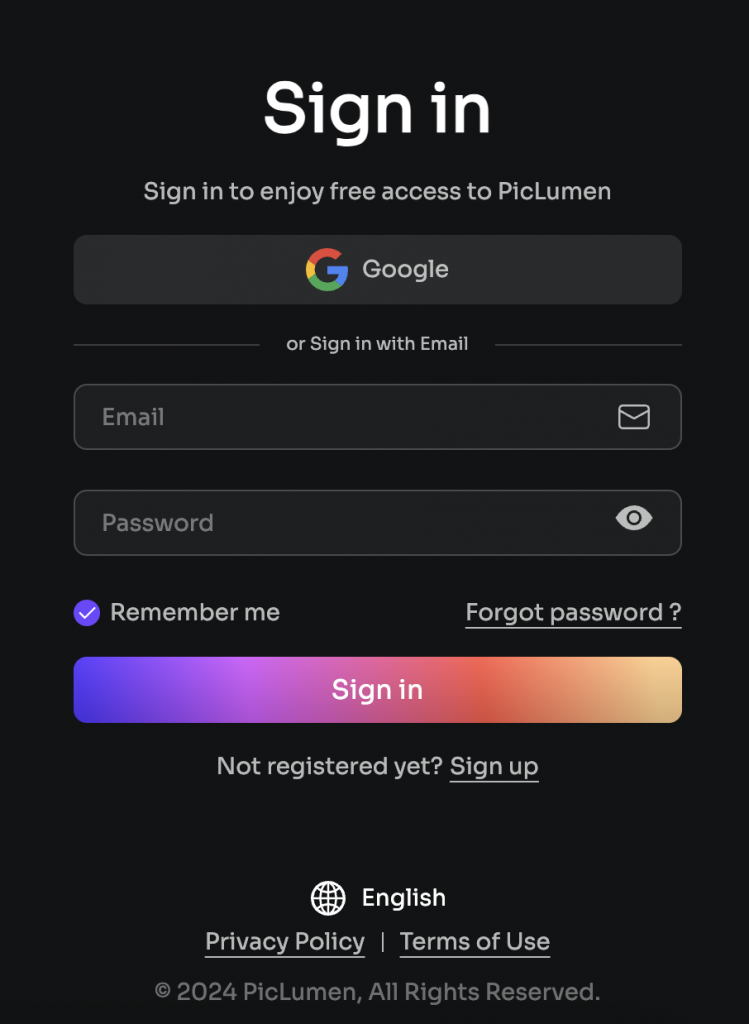 Sign up on the PicLumen website for free.